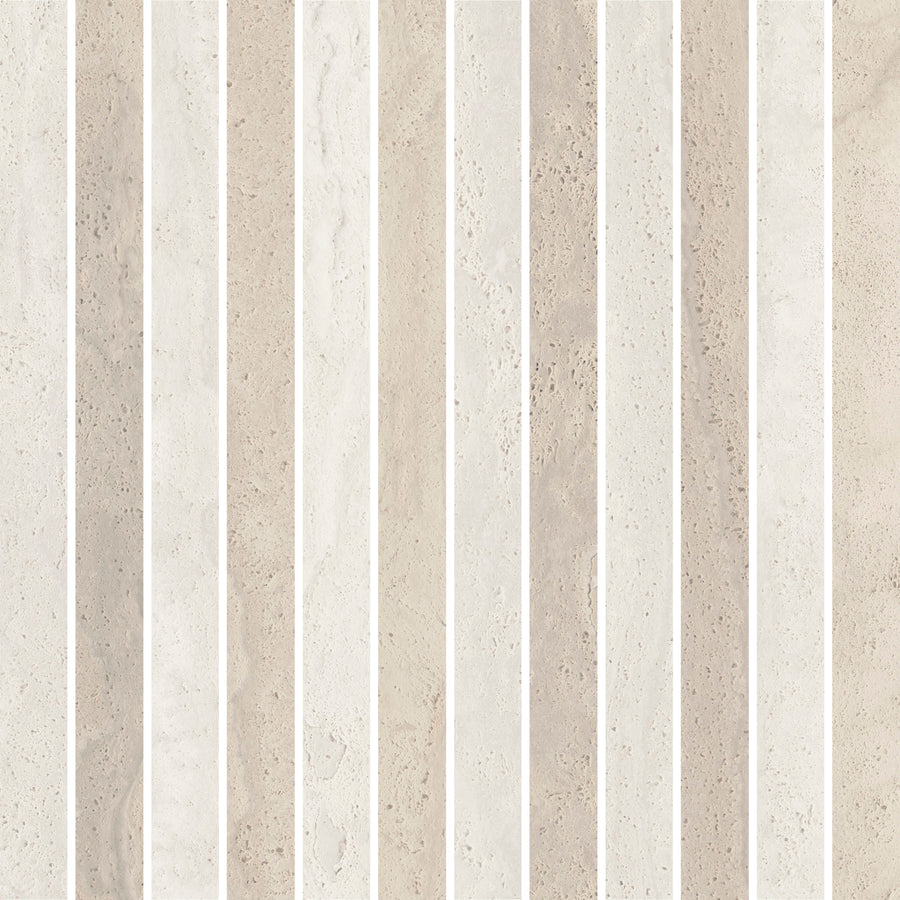 The Dynasty Bands 12" x 12" Mosaic Tile in Mix Natural features vertical, narrow stripes in varying beige and off-white shades separated by thin white lines—perfect for accent walls or mosaic tile installations.