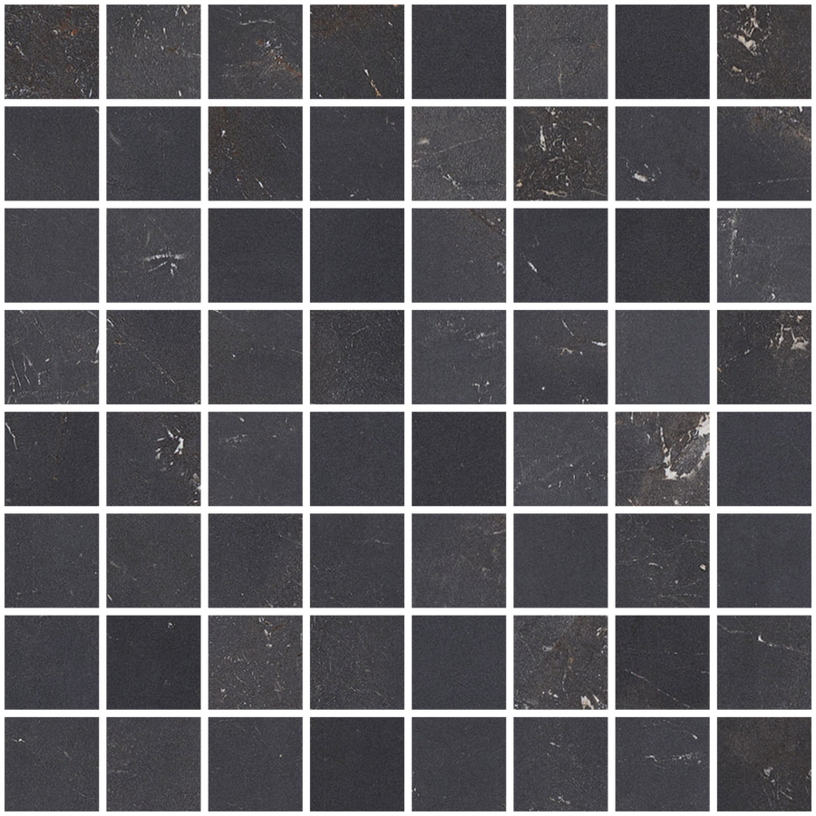 A grid of 64 Cavallo Dusk 1.5" Mosaic Tile pieces in Natural, set in eight-by-eight rows with thin white grout, features subtle white and brown veining—ideal for kitchen backsplashes or accent walls.