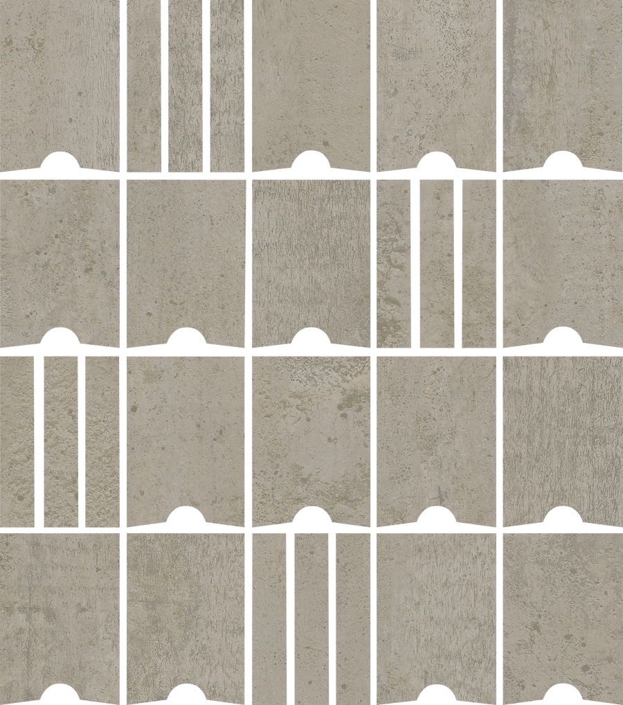 The Hans.A 2" x 3" Mosaic Tile in Dark features a grid of rectangular tiles with vertical lines and curved notches, ideal for accent walls or backsplashes, all showcased on a neutral gray background.