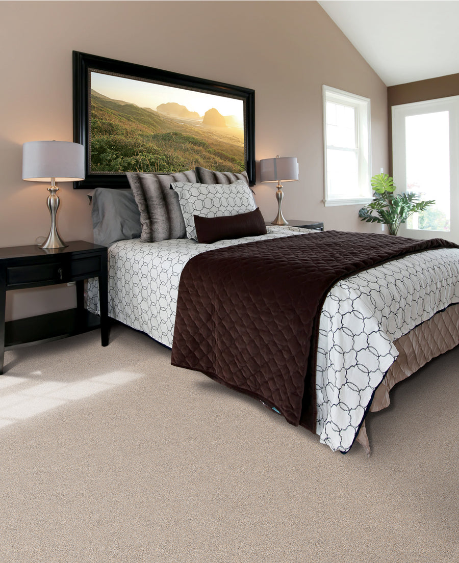 A neatly made bed with patterned bedding and a dark brown quilt sits between two black nightstands with lamps. A large landscape photo hangs above the bed, and sunlight streams through a window, brightening the room.