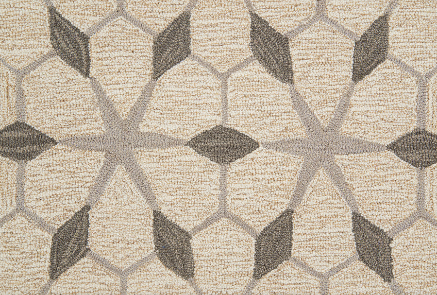 Coffee-colored Yakima Berber Carpet features textured fabric with a repeating pattern of interlocking hexagons and star shapes in light and dark gray, offering premium flooring with a visually striking, symmetrical look.