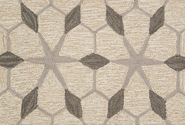 Coffee-colored Yakima Berber Carpet features textured fabric with a repeating pattern of interlocking hexagons and star shapes in light and dark gray, offering premium flooring with a visually striking, symmetrical look.