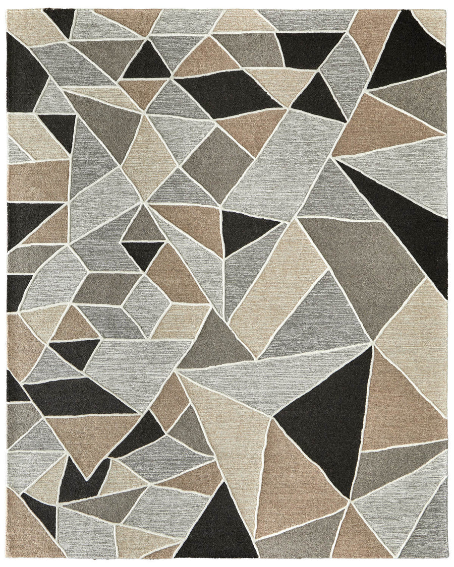 The Kimball 8A33F Area Rug showcases elegant interlocking geometric patterns in black, grey, beige, and brown with white outlines. Its plush texture and modern design bring dynamic visual appeal to any room.