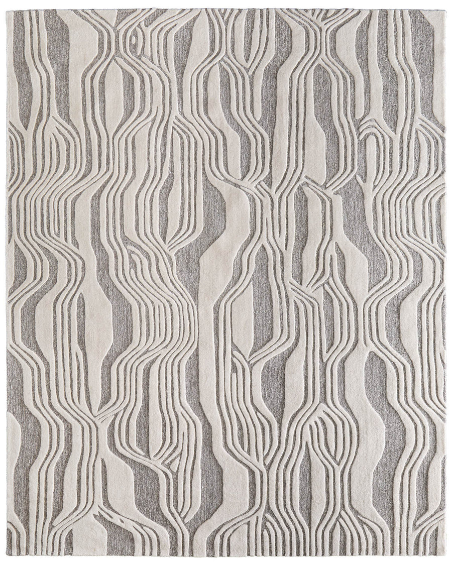 The Kimball 8A34F Area Rug showcases an abstract, organic pattern of raised beige lines on a textured gray background, offering a plush feel and a tree branch-inspired design for your living space.