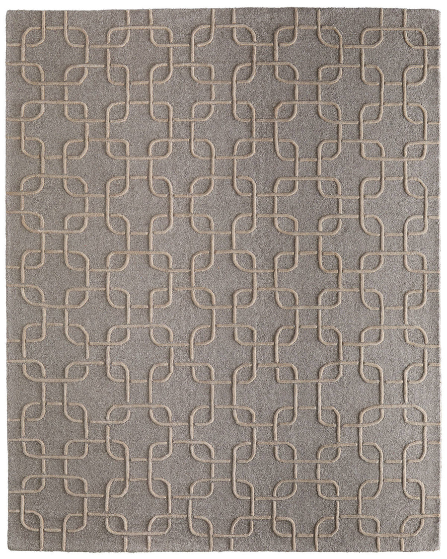 The Kimball 8A35F Area Rug is a square, gray rug featuring a raised geometric pattern of interlocking lines and loops in lighter tones, offering a subtle textured design that adds stylish appeal to any home.