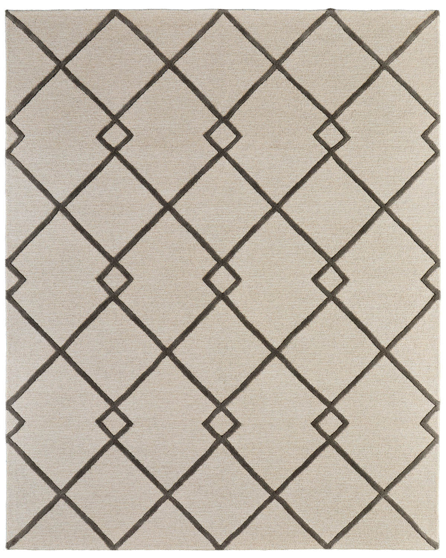 The Kimball 8A36F Area Rug showcases a plush texture and a symmetrical geometric diamond pattern with intersecting dark lines, offering minimalist elegance and modern style to any room.