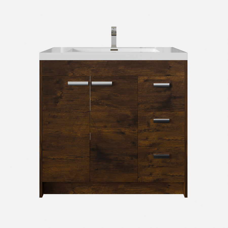A modern bathroom vanity with a white sink, faucet, and a dark wood cabinet featuring two doors on the left and three drawers with silver handles on the right, set against a white background.