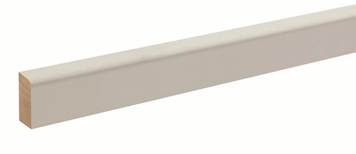 Modern White Painted Wood Molding & Trim: a long, narrow, rectangular white wood molding with a smooth, light finish and low-gloss coating is shown angled on a white background.