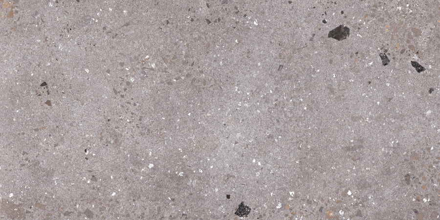 Strata 12" x 24" Tile in Cinder Rectified features a gray stone look with a rough texture and white, black, and brown specks—ideal for creating a modern, durable surface with natural concrete appeal.