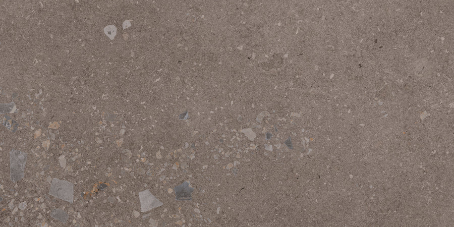A close-up view of the Strata 12" x 24" Tile in Earthen Rectified showcases its rough, brown contemporary surface with small scattered stones and irregular specks embedded throughout.