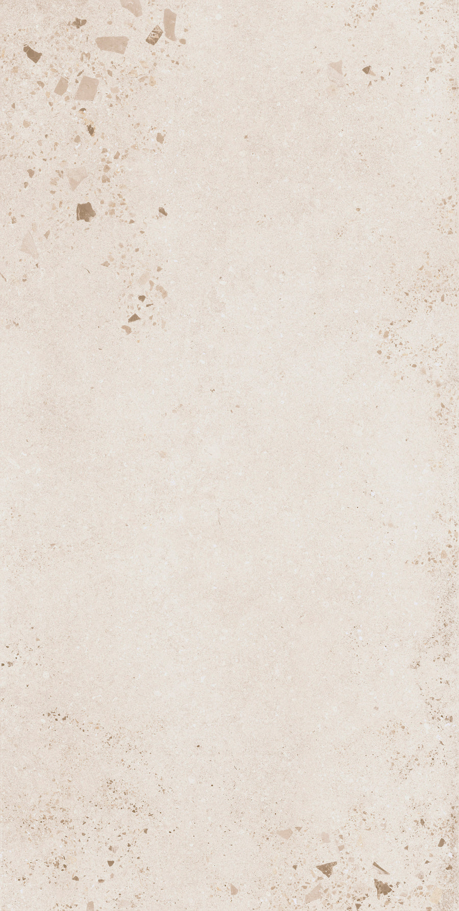 The Strata 24" x 48" Tile in Lava White features a light beige textured surface with scattered specks and small fragments, evoking timeless elegance and the look of natural stone, while its durable construction ensures lasting beauty.