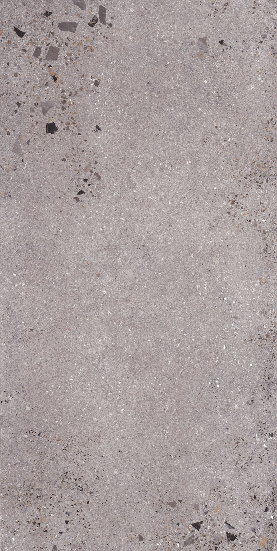 The Strata 24" x 48" Tile in Cinder Rectified features a gray, rough-textured concrete look with scattered specks and aggregate patches, offering timeless elegance and lasting durability.