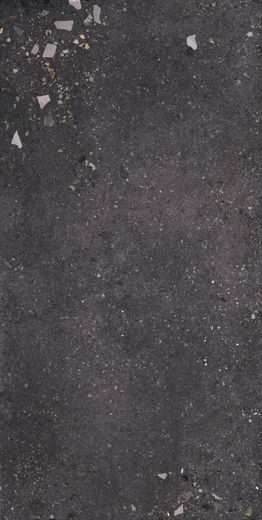 Strata 24" x 48" Tile in Ember Rectified features a dark, rough texture with light gray and tan specks, delivering a rugged industrial look—perfect for durable surfaces in large-format applications.