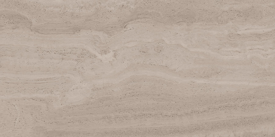 The Dynasty 12" x 24" Rectified Tile in Taupe Natural features a textured stone look with subtle wavy lines, soft color variations, and faint specks that create an organic, marble- or travertine-inspired appearance.