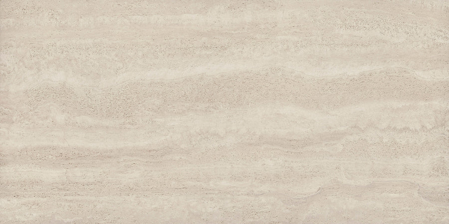 The Dynasty 24" x 48" Rectified Tile in Ivory Natural features a light beige textured surface with subtle wavy patterns, soft gradients, and faint vertical striations for a contemporary travertine or marble-inspired look.