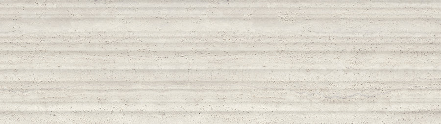 The Dynasty 4" x 16" Deco Subway Tile in White Matte features subtle horizontal striations and textured marble-like patterns, creating a calm, neutral backdrop that's perfect for bathroom walls.