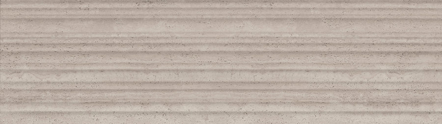 A close-up of the Dynasty 4" x 16" Deco Subway Tile in Taupe Matte, featuring a textured surface with horizontal, wavy lines in light gray and beige tones, evoking the look of elongated subway tile often used for bathroom walls.