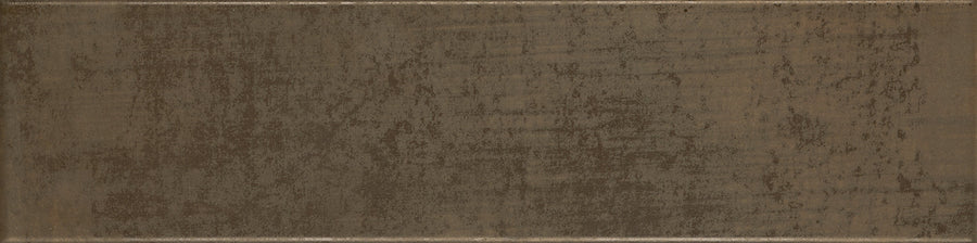 The Urban Glow 4" x 16" Subway Tile in Iron features a distressed, mottled brown finish that evokes aged metal or wood, adding character and timeless style to any space.