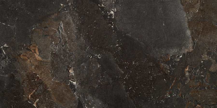 The Cavallo Dusk Rectified 12" x 24" Tile features a polished finish with dark, textured stone effects in dusk-inspired browns, blacks, and hints of gray for a sophisticated yet rugged look.