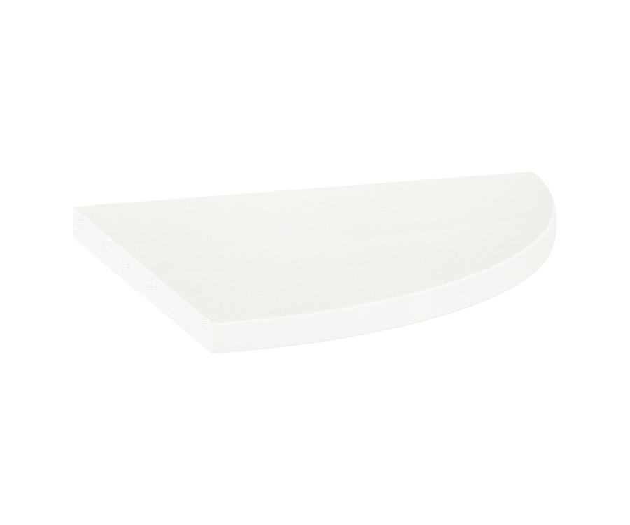 The 8.9" Pie Shelf, featuring a white finish, half-circle shape, clean smooth edges, and 5/8” thickness, is shown from an angled view against a plain white background.