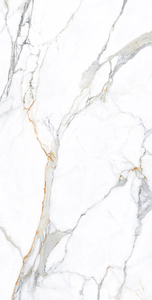 White marble surface with natural gray and gold veins running throughout, creating an elegant and sophisticated pattern. The texture appears smooth and polished.