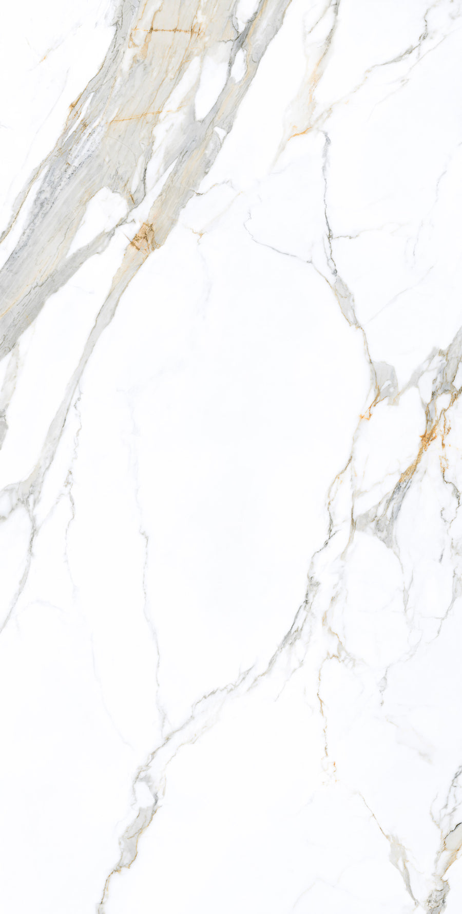 White marble surface with gray and gold veining patterns running diagonally across, creating an elegant and natural stone texture.