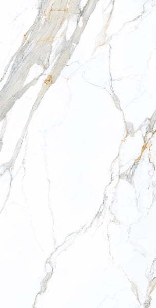 White marble surface with gray and gold veining patterns running diagonally across, creating an elegant and natural stone texture.