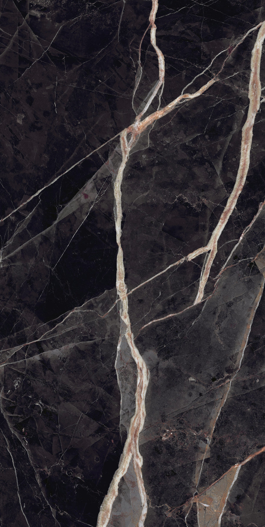 Dark marble surface with prominent light beige and white veins running diagonally across, creating a striking contrast against the rich, glossy black and deep brown background.