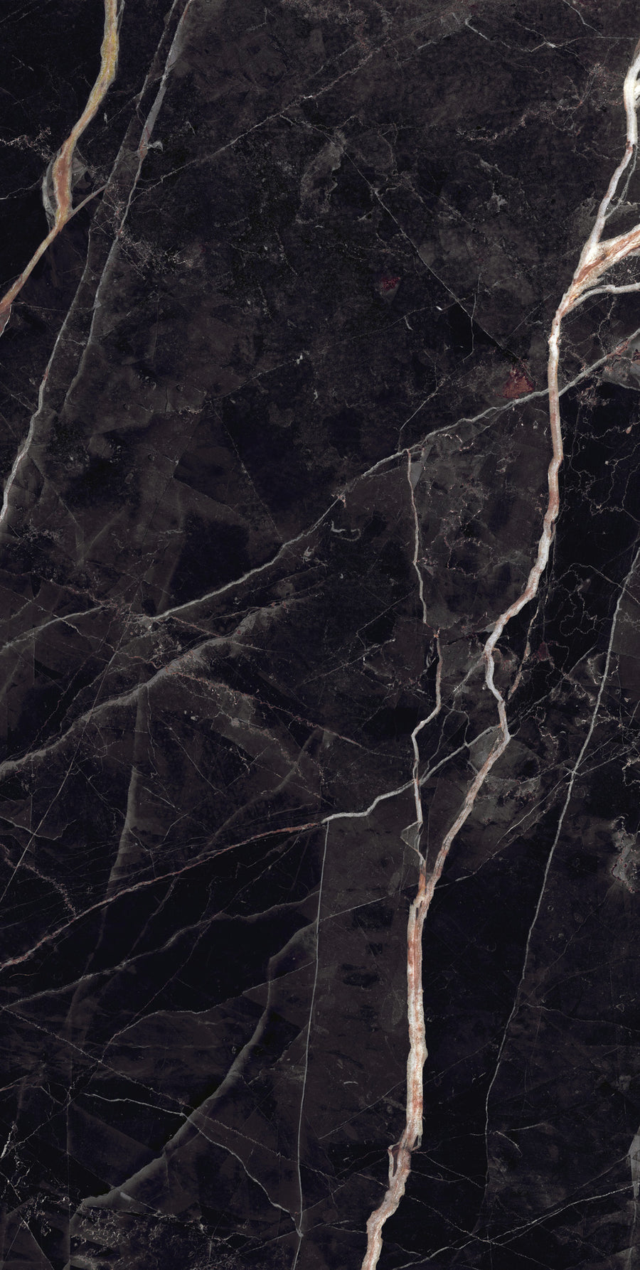 Dark marble surface with white and beige veins running diagonally and irregularly throughout, creating a natural, polished stone pattern.