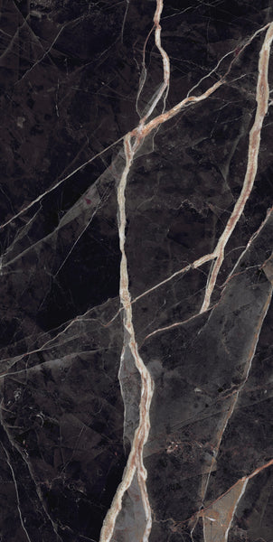 Dark marble surface with prominent light beige and white veins running diagonally across, creating a striking contrast against the rich, glossy black and deep brown background.