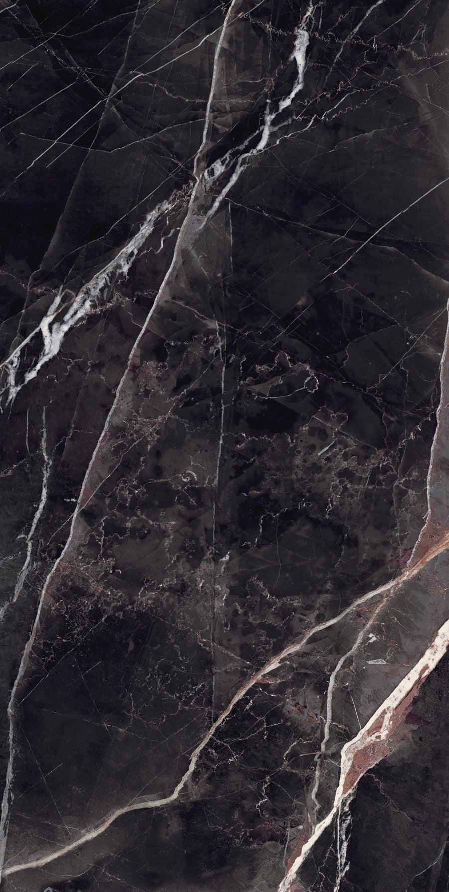 Dark marble surface with white, grey, and brownish veins running diagonally across, creating a natural, textured pattern. The stone has a glossy finish and intricate, organic line details.