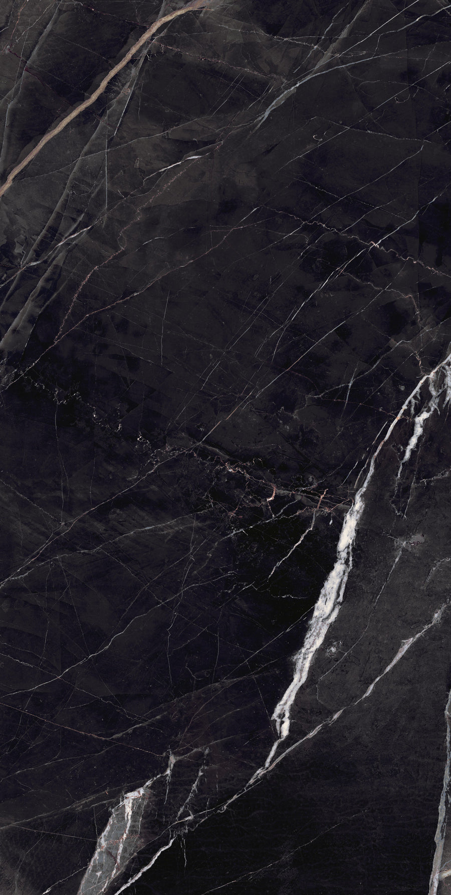 Dark black marble surface with fine white and gray veining running diagonally and vertically across the stone, creating an elegant and natural abstract pattern.