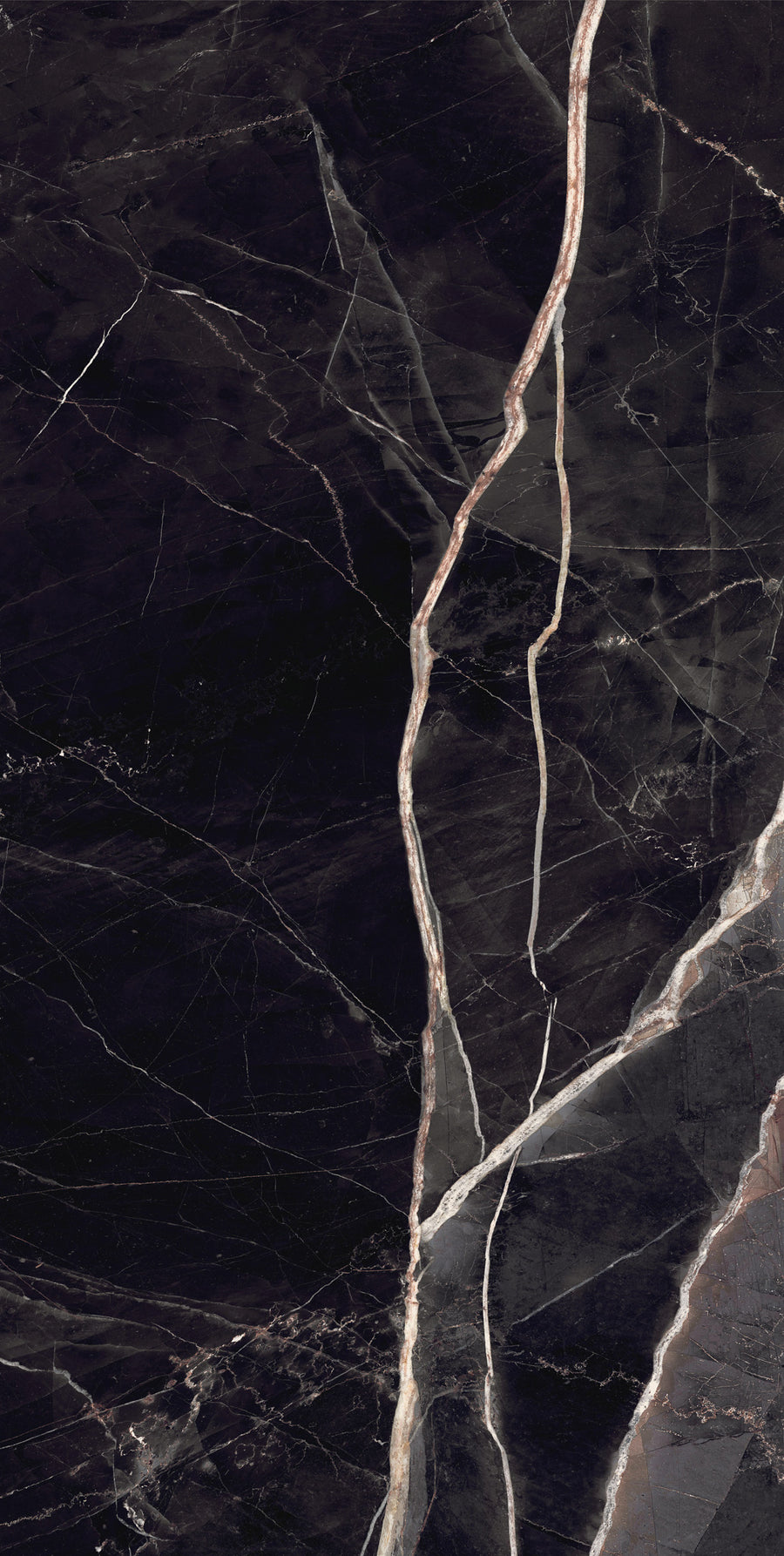 Dark marble surface with prominent white and beige veining running diagonally across. The texture appears smooth and polished, with natural variations and fine lines enhancing the elegant stone pattern.