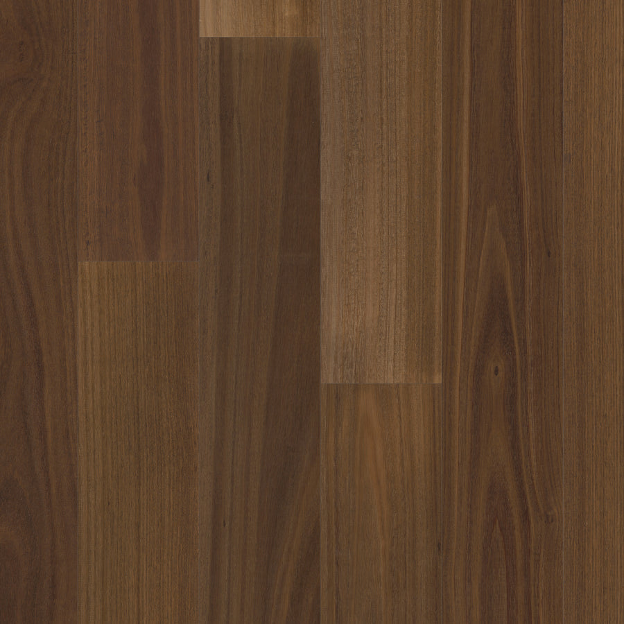 Close-up of Harvest Glow 7 1/2" European Walnut Hardwood in Adzuki—a dark brown wide plank floor showcasing natural wood grain and varied shades, arranged side by side; its reactive stain finish captures the rich character reminiscent of classic European walnut flooring.