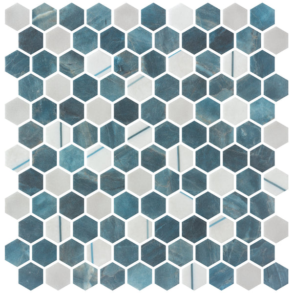 The Aragon Hills Hexagon Glass Mosaic Tile in Qassle Blu features alternating marbled blue and solid white hexagonal tiles with white grout lines, offering a bold geometric pattern inspired by classic Aragon Hills designs.