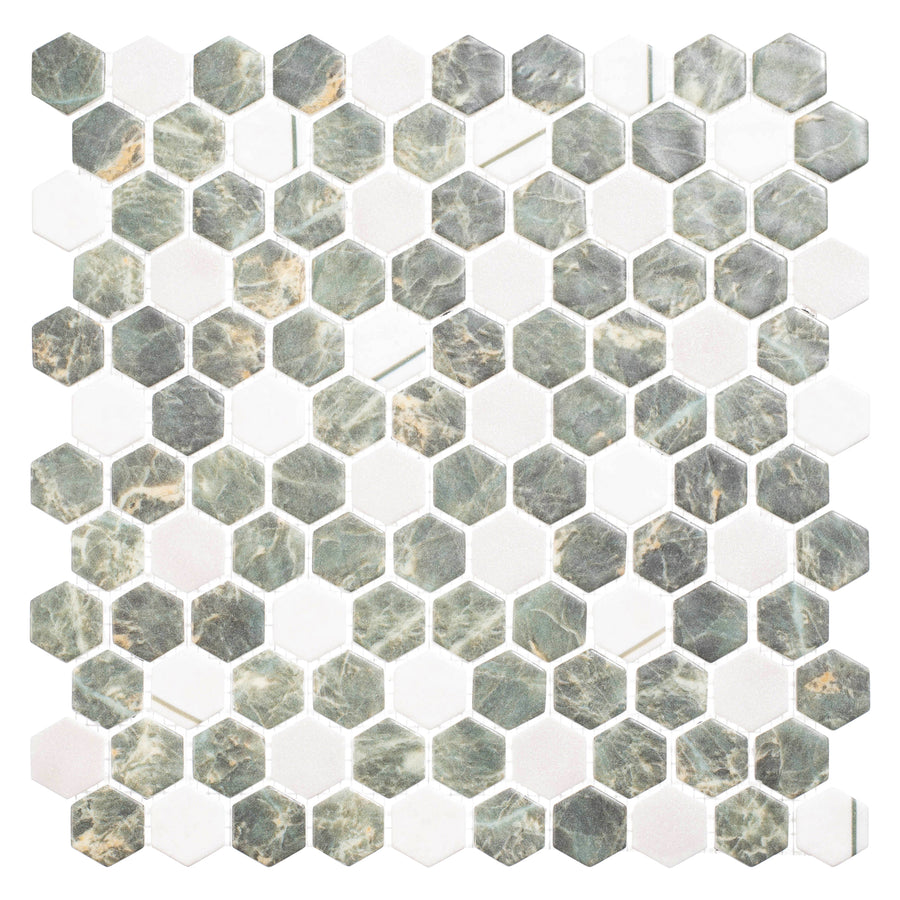 Aragon Hills Hexagon Glass Mosaic Tile in Lodge Clover features a geometric pattern with alternating white and greenish-gray tiles, highlighted by natural veins and subtle color variations.