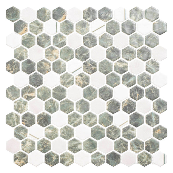 Aragon Hills Hexagon Glass Mosaic Tile in Lodge Clover features a geometric pattern with alternating white and greenish-gray tiles, highlighted by natural veins and subtle color variations.