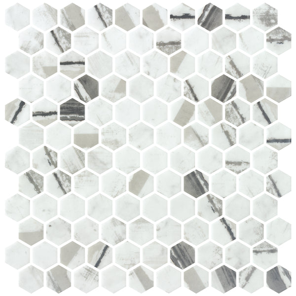 Aragon Hills Hexagon Glass Mosaic Tile in Joy Dynasty features a striking geometric pattern. The tiles showcase shades with streaks and marbled effects, adding textured visual interest to any space.
