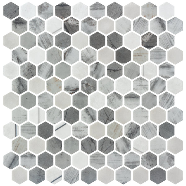Aragon Hills Hexagon Glass Mosaic Tile in Ventura Heights features gray and white hues in a geometric honeycomb layout with white grout. The blend of solid and marbled textures enhances visual interest.