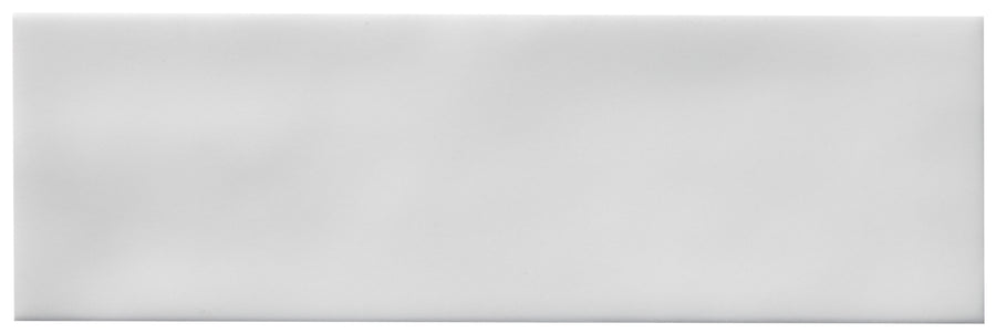 A plain white rectangular Zephyr 2.5x8 Ceramic Tile, shown on a white background, echoing the clean, minimalist lines of Mediterranean ceramic tile design.