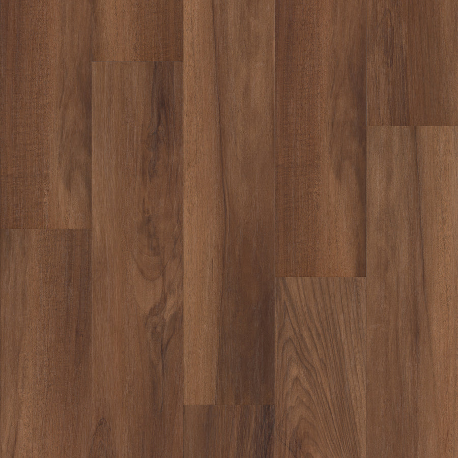 Close-up of Endura 5C Plus 7" Vinyl flooring with medium to dark brown planks in a staggered layout, featuring realistic wood grain texture and natural color variations.