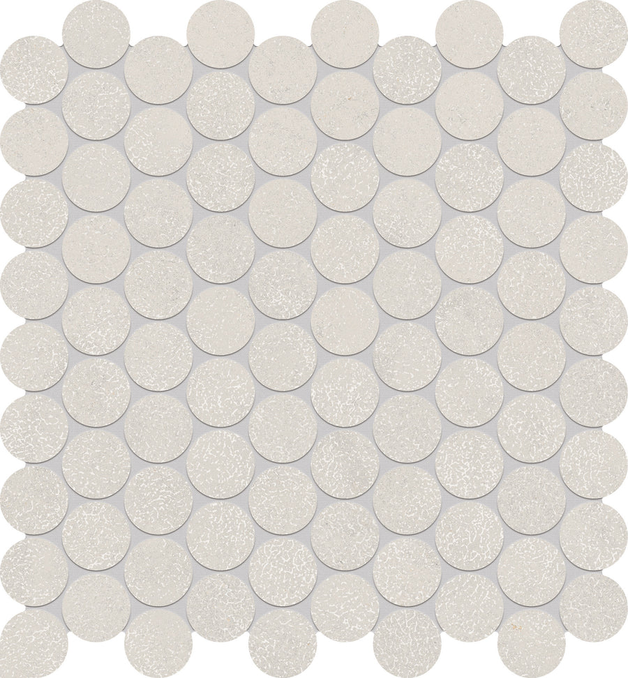 A grid of Avanti 1" Pennyround Porcelain Tiles in pale gray with a subtle texture, arranged closely on a white background, creates a calming look and enhances tranquil spaces.