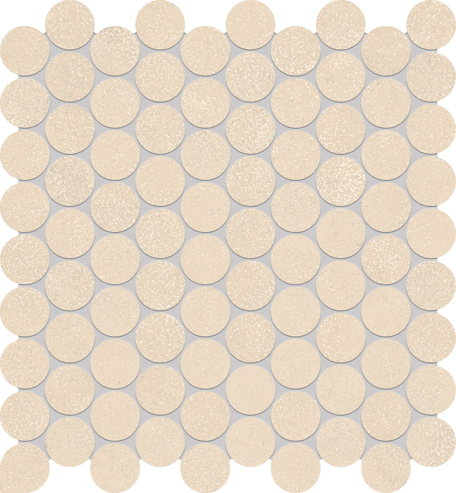 A grid of evenly spaced, round Avanti 1" Pennyround Porcelain Tiles in beige, featuring a slightly textured surface on a light gray background. The uniform pattern adds calmness and contributes to a tranquil atmosphere.