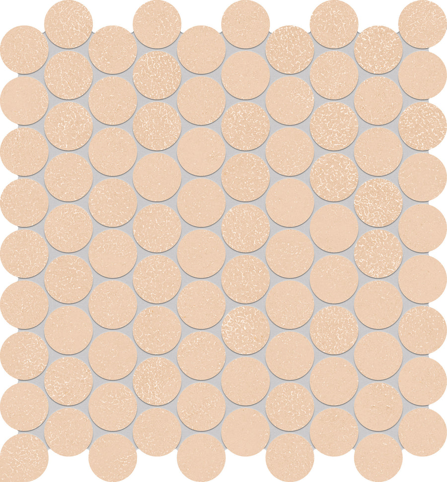 A grid of evenly spaced, round beige Avanti 1" Pennyround Porcelain Tiles with a slightly textured surface forms a calming pattern in rows and columns against a light background.