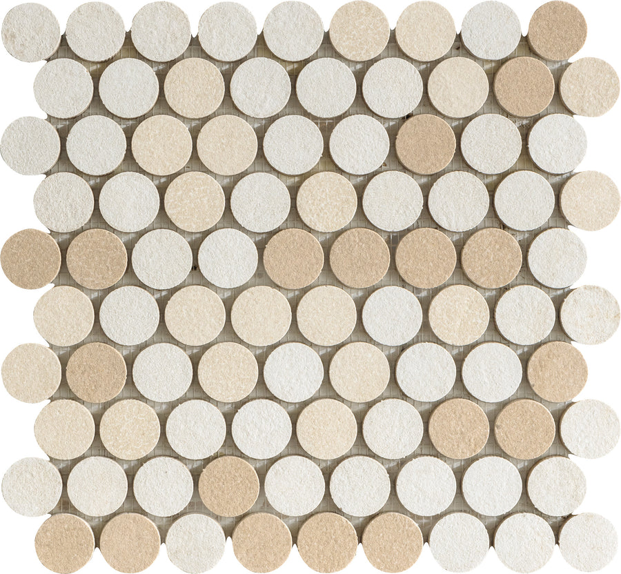 The Avanti 1" Pennyround Mix Glazed Porcelain Tile sheet showcases round beige and tan porcelain tiles in an alternating pattern, creating a calming, neutral mosaic look with circular designs.