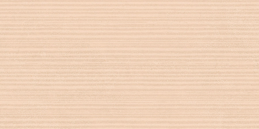 The Avanti 12x24 Willow Deco Rectified Glazed Porcelain Tile features a light beige background with subtle, uneven horizontal lines in a darker beige for a softly textured, striped look that creates a calming aesthetic.