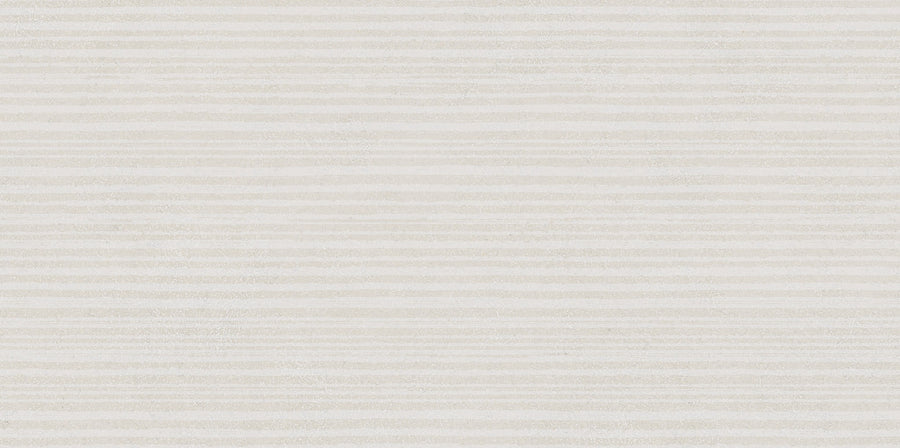 The Avanti 12x24 Willow Deco Rectified Glazed Porcelain Tile features horizontal ivory and light beige stripes on a textured background, offering soft, neutral tones that create a calming atmosphere ideal for minimalist designs.