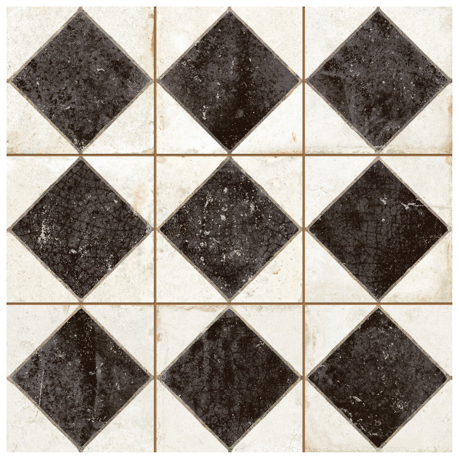 Checkmate 13x13 Ceramic Tile features a classic checkerboard grid with alternating black diamond shapes on white, a subtly worn, textured look, and delicate scored detailing for timeless style.