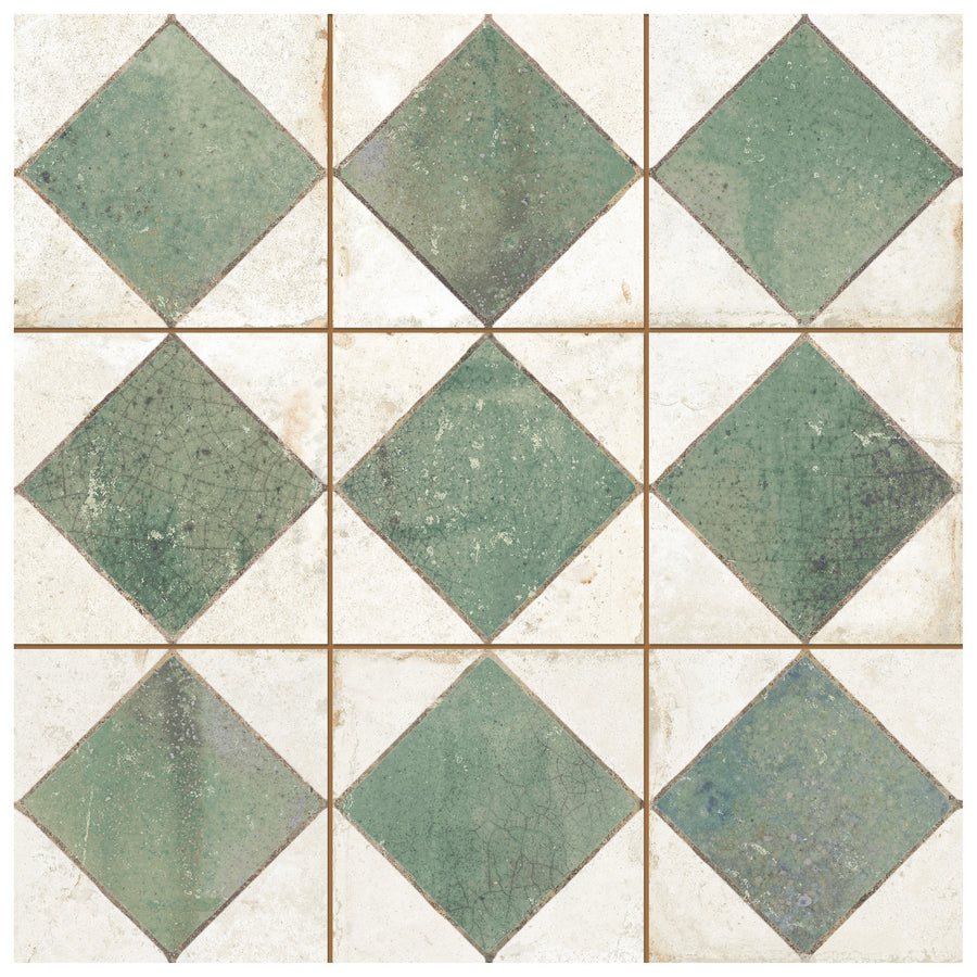 The Checkmate 13x13 Ceramic Tile features a square checkerboard design with green diamond shapes and off-white triangles in a geometric grid, and has a weathered, slightly cracked, aged appearance.