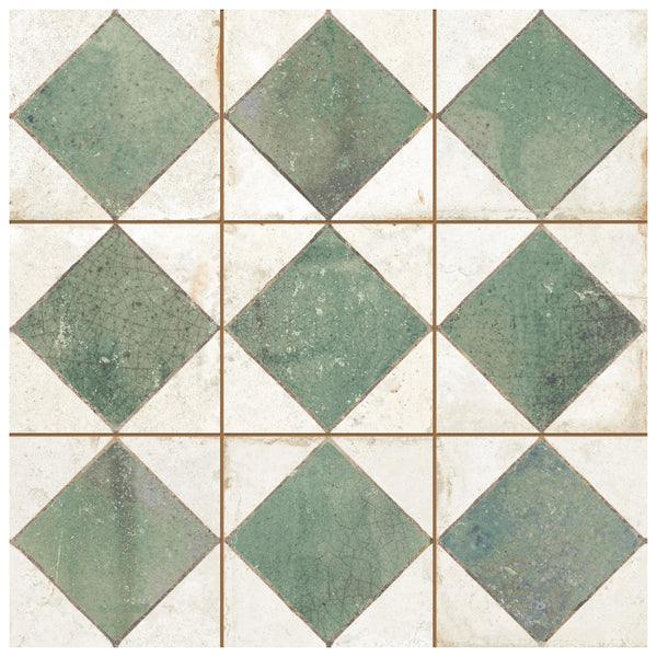 The Checkmate 13x13 Ceramic Tile features a square checkerboard design with green diamond shapes and off-white triangles in a geometric grid, and has a weathered, slightly cracked, aged appearance.